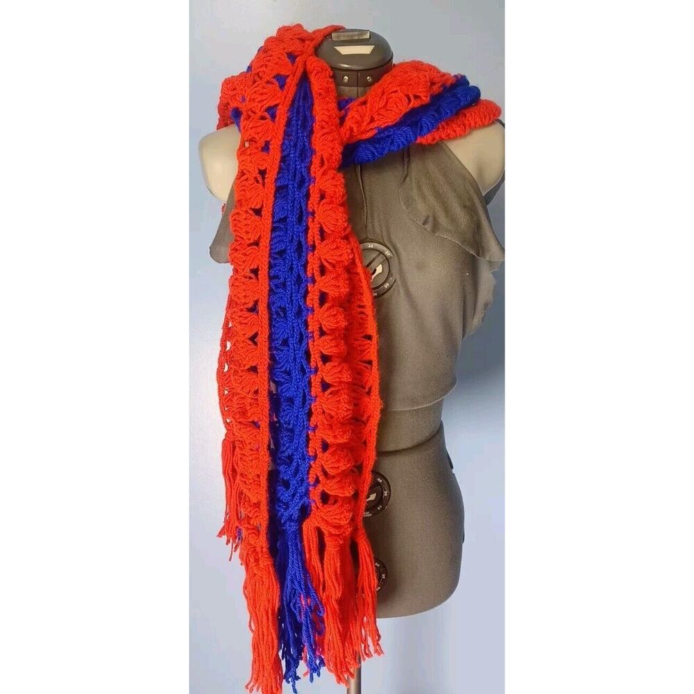 Vintage Crocheted Scarf Wrap Neck Handmade Chick Boho Red Blue Hand Knit Fringe